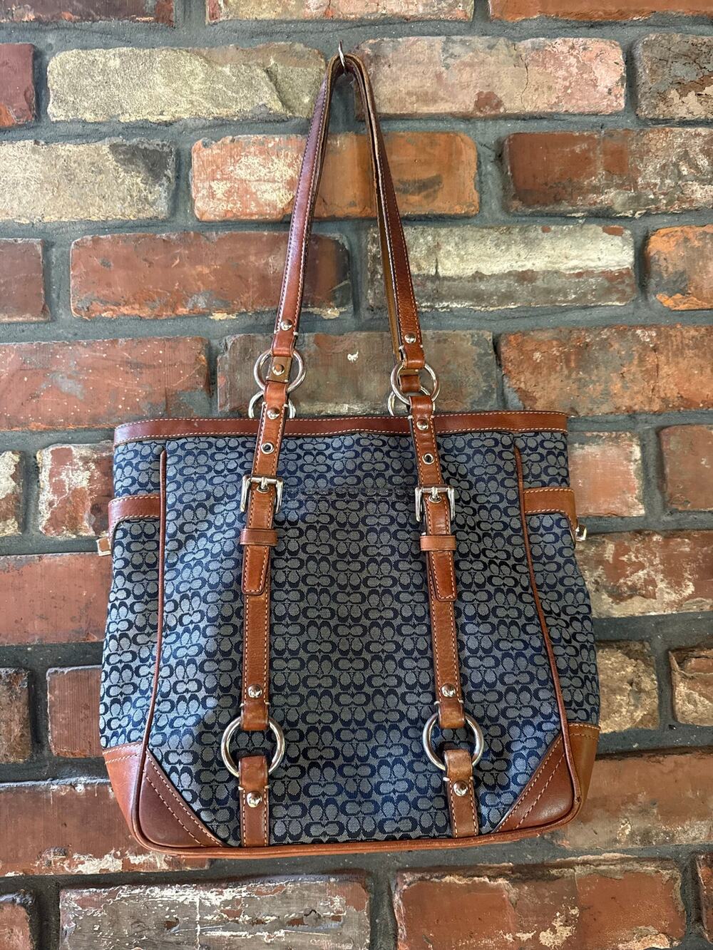 Vintage Coach Gallery Tote in Navy Signature Jacquard & British Tan Leather